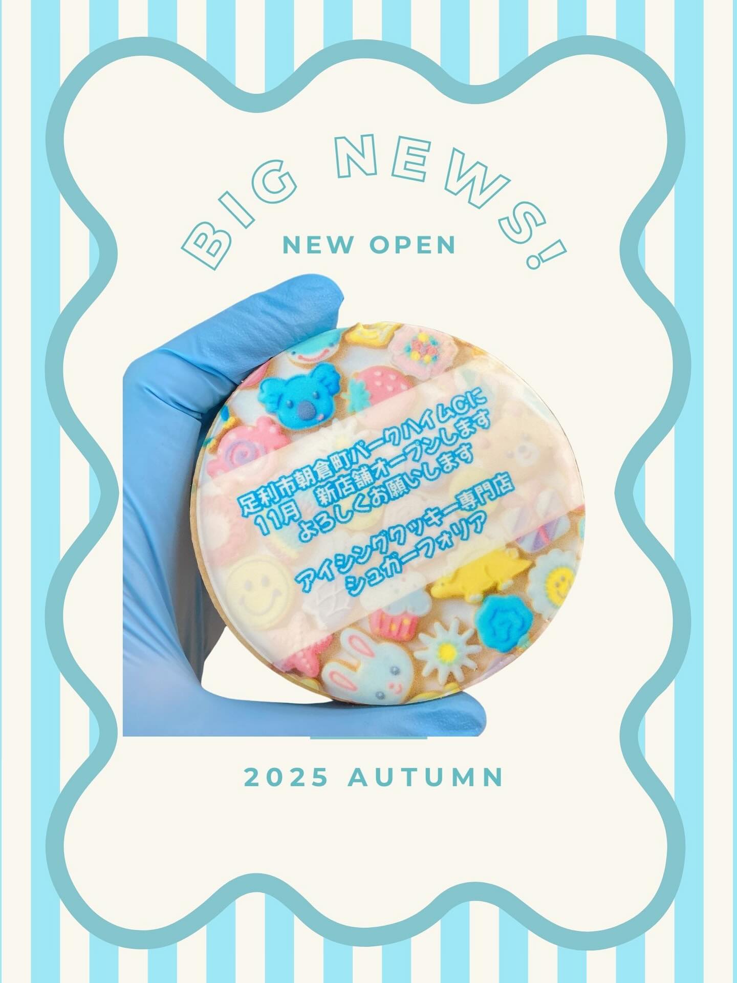 \ついに、大発表!!/
SUGARFOLIA《新店舗オープン》決定
これまでたくさんの方に支えていただいたSUGARFOLIAは、
この秋、新しい場所へお引越し&パワーアップ!
新住所はこちら
栃木県足利市朝倉町2丁目3-1
パークハイムC
現在、新店舗のオープンに向けて工事が進行中🏗️
グランドオープンは**2025年11月以降(令和7年)**を予定しています
・さらに心ときめくディスプレイ
・ワクワクする新商品も登場予定
・もちろん、自動販売機もパワーアップ予定♪
これからも“世界にひとつだけのクッキー”で、
みなさまの特別な瞬間に寄り添える存在でありたいと思っています
最新情報はInstagram&LINEで発信していきますので、
ぜひフォロー&チェックお願いします