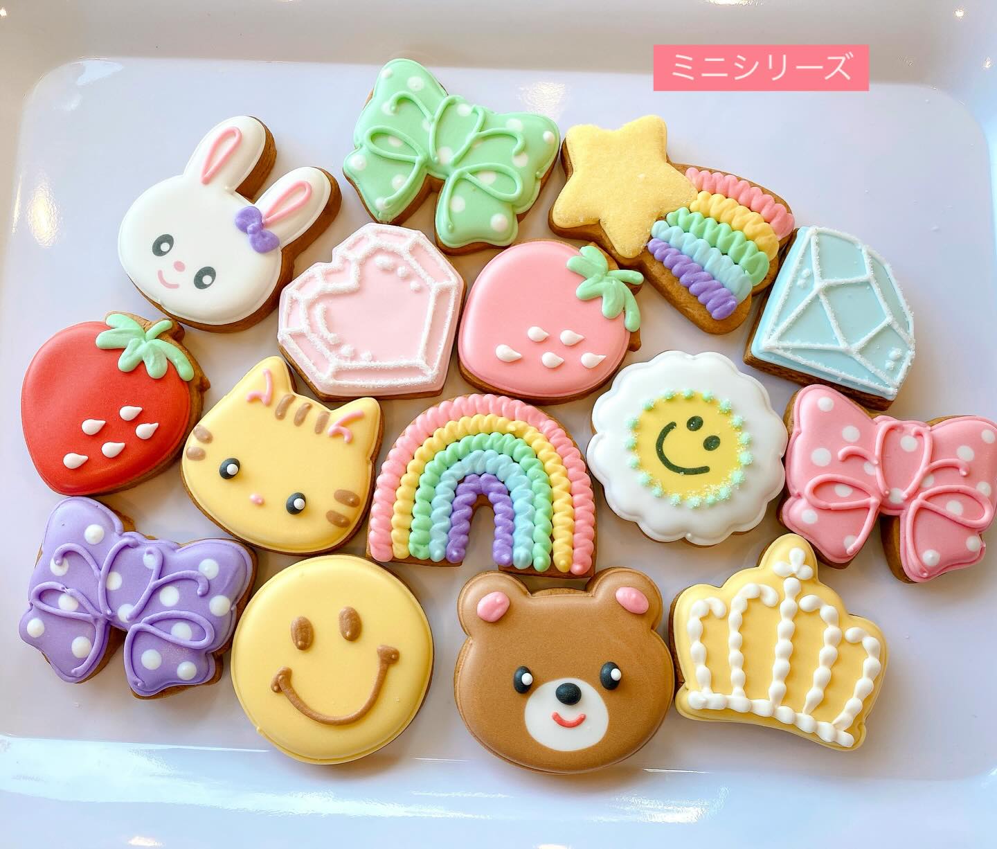 5センチくらいのミニクッキー
種類たくさん♪何が並んでるかはその日によって変わります
ケーキに乗せたりちょこっとギフトに
プチプラです